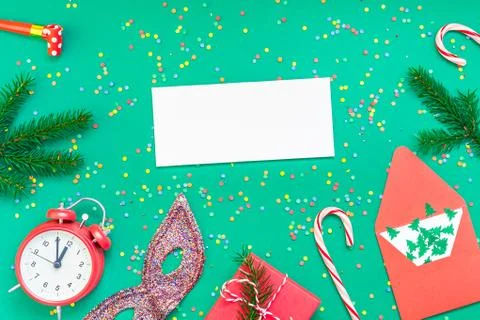 Christmas pattern flat lay with red alarm clock Stock Photos