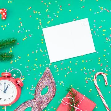 Christmas pattern flat lay with red alarm clock Stock Photos