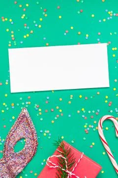 Christmas pattern flat lay with red alarm clock Stock Photos