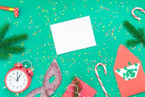 Christmas pattern flat lay with red alarm clock Stock Photos