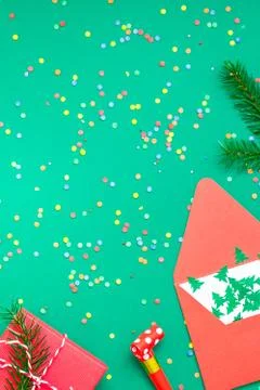 Christmas pattern flat lay with red alarm clock Stock Photos