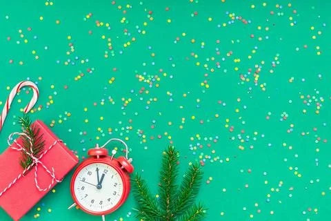 Christmas pattern flat lay with red alarm clock New Year or Christmas patt... Stock Photos