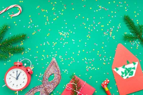 Christmas pattern flat lay with red alarm clock New Year or Christmas patt... Stock Photos