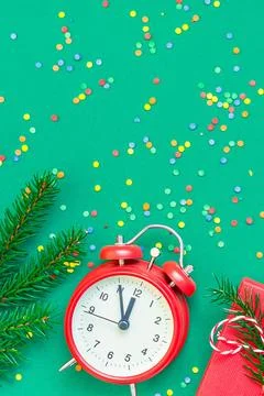 Christmas pattern flat lay with red alarm clock New Year or Christmas patt... Stock Photos
