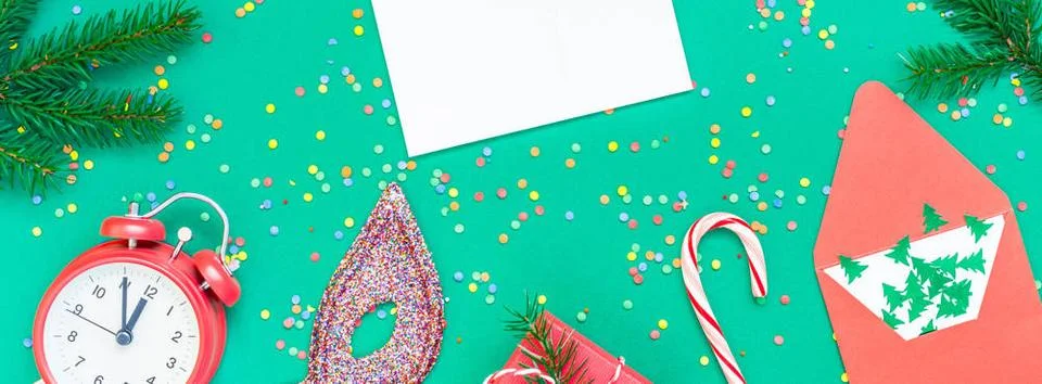 Christmas pattern flat lay with red alarm clock New Year or Christmas mock... Stock Photos