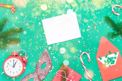 Christmas pattern flat lay with red alarm clock New Year Christmas mock up... Stock Photos