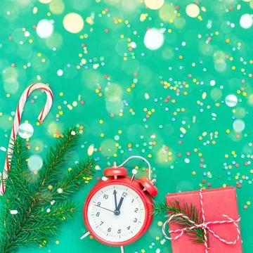 Christmas pattern flat lay with red alarm clock New Year or Christmas patt... Stock Photos