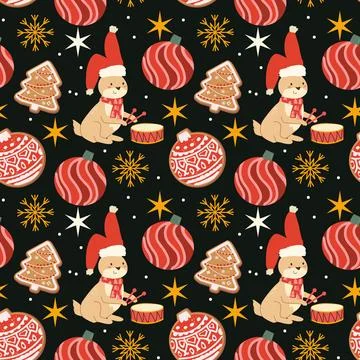 Christmas pattern with forest animal in santa hat. Stock Illustration