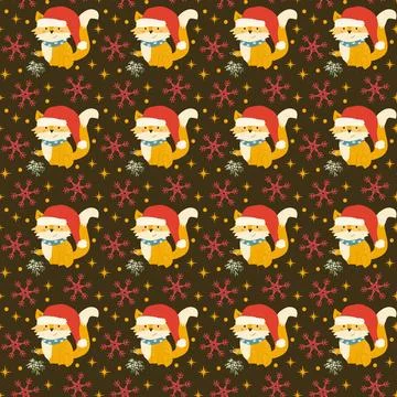 Christmas pattern with forest fox in santa hat. Cute repeat design with festi イラスト素材