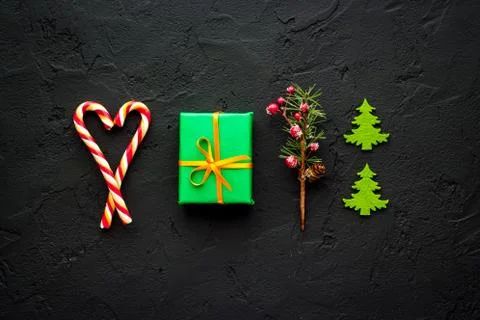 Christmas pattern of gift boxes and christmas decorations, from above Stock Photos
