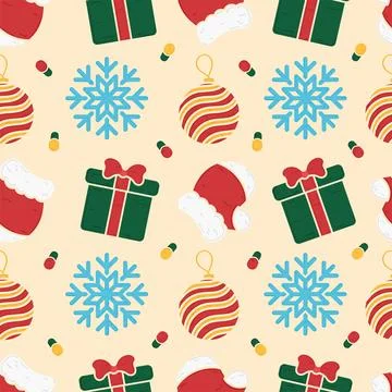 Christmas pattern with gift boxes, ornaments, and snowflakes, Vector Illustrazione stock