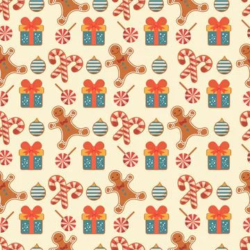 Christmas pattern with gingerbread cookies, candy canes, gifts, and festive.. 스톡 일러스트