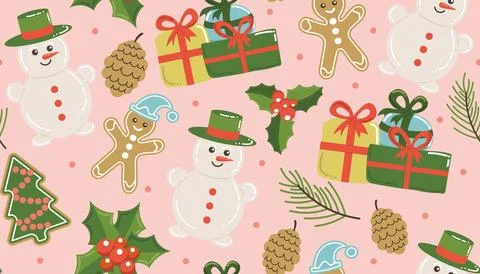 Christmas pattern with gingerbread man and holly berry, snowman and gifts on  Stock Illustration