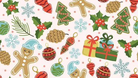 Christmas pattern with gingerbread man and holly berry, snowflakes and gifts  Illustrazione stock