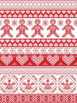 Christmas pattern with Gingerbread man,  snowflake, decoration elements, angel Stock Illustration