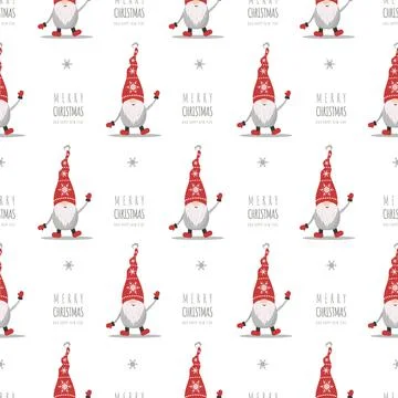Christmas pattern with gnomes in red hats. Cute scandinavian elves. Vector Stock Illustration