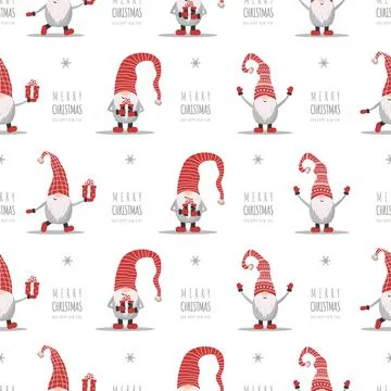 Christmas pattern with gnomes in red hats. Cute scandinavian elves. Vector Illustrazione stock