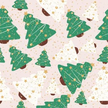 Christmas pattern with green and white Christmas trees Stock Illustration