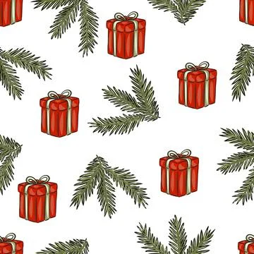 Christmas pattern, hand drawn print tree branch and gift box Stock Illustration