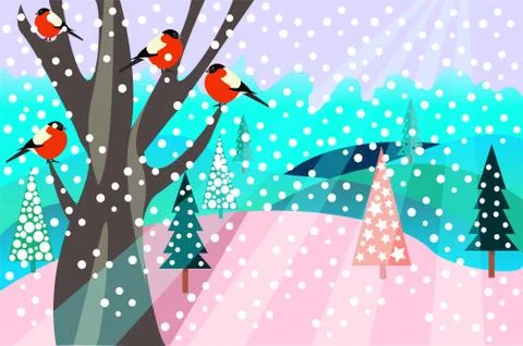 Christmas pattern happy holidays winter landscape with firs, tree and birds Stock Illustration