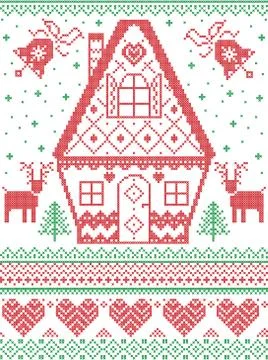 Christmas pattern with heart, gingerbread house, reindeer, bell, snowflake, snow Illustrazione stock