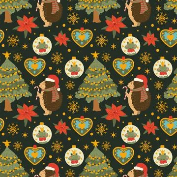 Christmas pattern with hedgehog and ornaments. Cute repeat design with festiv イラスト素材