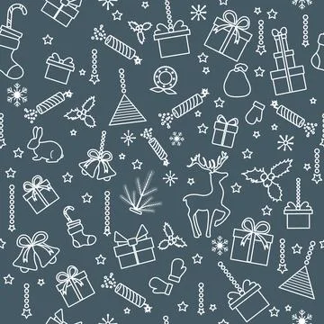 Christmas pattern with holiday elements including gifts, reindeer, and snow.. Stock Illustration
