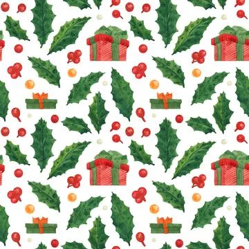 Christmas pattern with holly and red gift box Stock Illustration