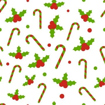 Christmas pattern with holly berries, candy canes, snow balls on white backgr Stock Illustration