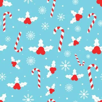 Christmas pattern with holly berries, candy canes, snowflakes, snow balls on  Stock Illustration