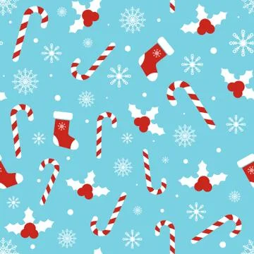 Christmas pattern with holly berries, candy canes, xmas socks snowflakes, sno Stock Illustration