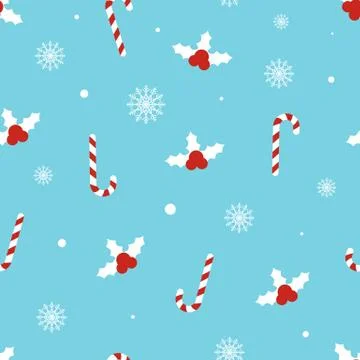 Christmas pattern with holly berries, candy canes, snowflakes, snowballs on b Stock Illustration