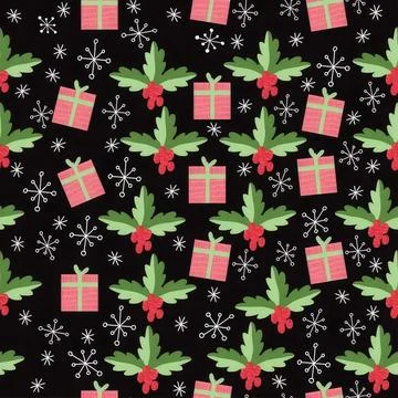 Christmas pattern with holly leaves, red berries, and pink gift boxes Stock Illustration