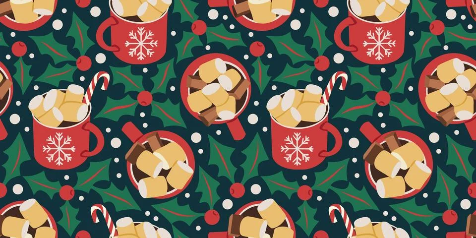 Christmas pattern with hot chocolate drinks and holly leaves, berries. Red .. Stock Illustration