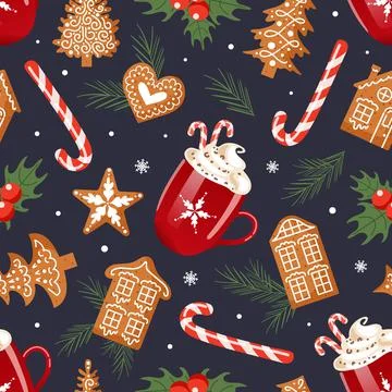 Christmas pattern. Hot chocolate with whipped cream, gingerbread in the form Stock Illustration