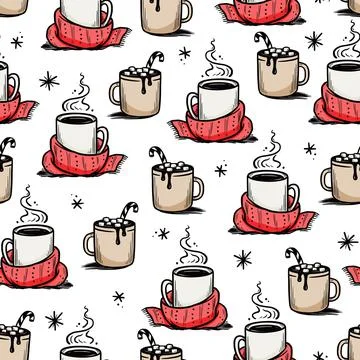 Christmas pattern with hot drink of winter coffee Stock Illustration