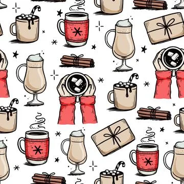 Christmas pattern with hot drink of winter coffee Stock Illustration