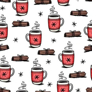 Christmas pattern with hot drink of winter coffee Stock Illustration