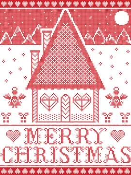 Christmas pattern illustration in cross stitch including  gingerbread house Stock Illustration