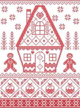 Christmas pattern including heart, gingerbread house, gingerbread man, pudding Stock Illustration