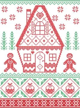 Christmas pattern including heart, gingerbread house, gingerbread man, pudding Stock Illustration