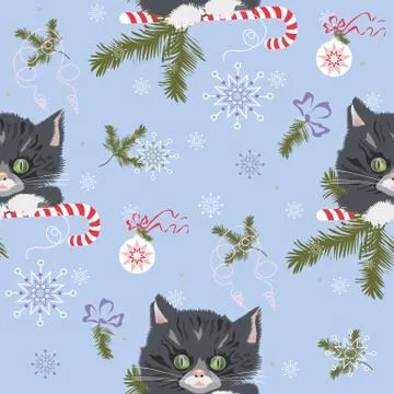 Christmas pattern with kitten blue Stock Illustration