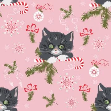 Christmas pattern with kitten pink Illustrazione stock