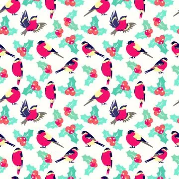 Christmas pattern with leaves berries holly and birds bullfinch. Stock Illustration