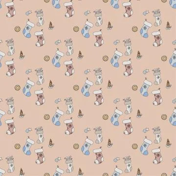 Christmas pattern on a light pink background - different socks with gifts, a 스톡 일러스트