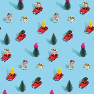 Christmas pattern made with various winter and New Year objects on bright light Stock Photos