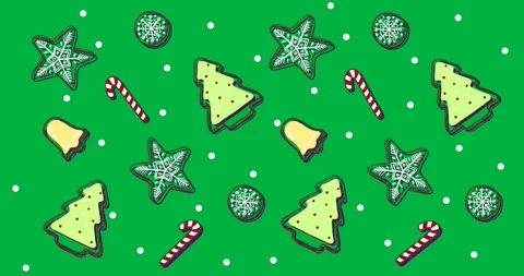 Christmas pattern with moving Christmas trees, snowflakes, bells and sugar canes Stock Footage 325366433