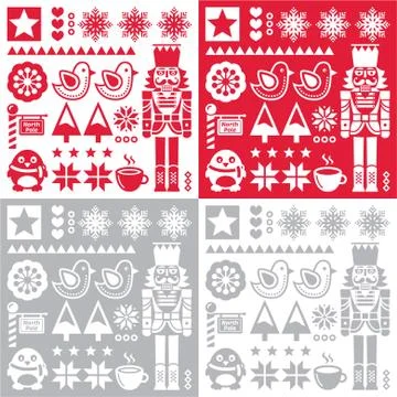 Christmas pattern with nutcracker - set of four designs folk art style Illustrazione stock