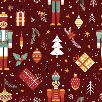 Christmas Pattern with Nutcracker Soldier and Toys Stock Illustration