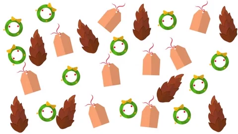 Christmas Pattern with Pine Cones, Wreaths, and Paper Gift Tags on White Stock Footage 345539192